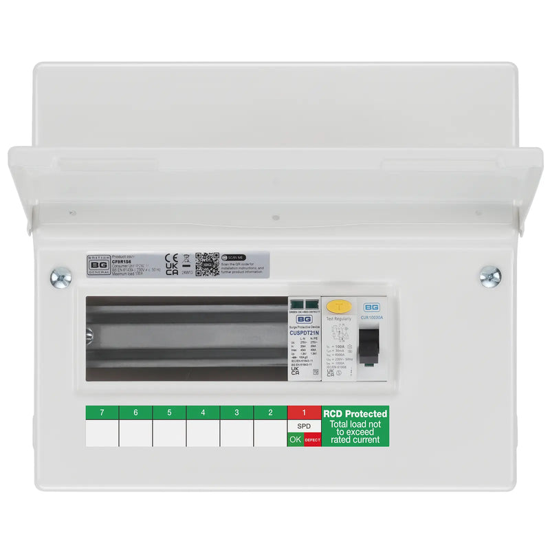 BG Circuit Protection Dual RCD - 9 module, 6 way, 100A Type A RCD, Type 2 SPD