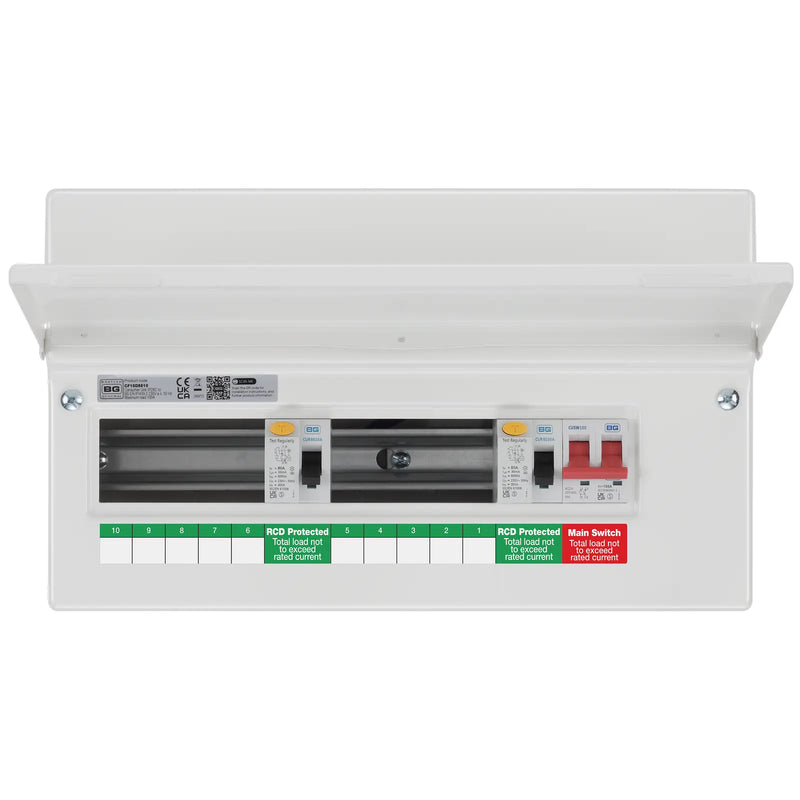 BG Circuit Protection Dual RCD - 16 module, 10 way, 100A Main Switch, 2 x 80A Type A RCD