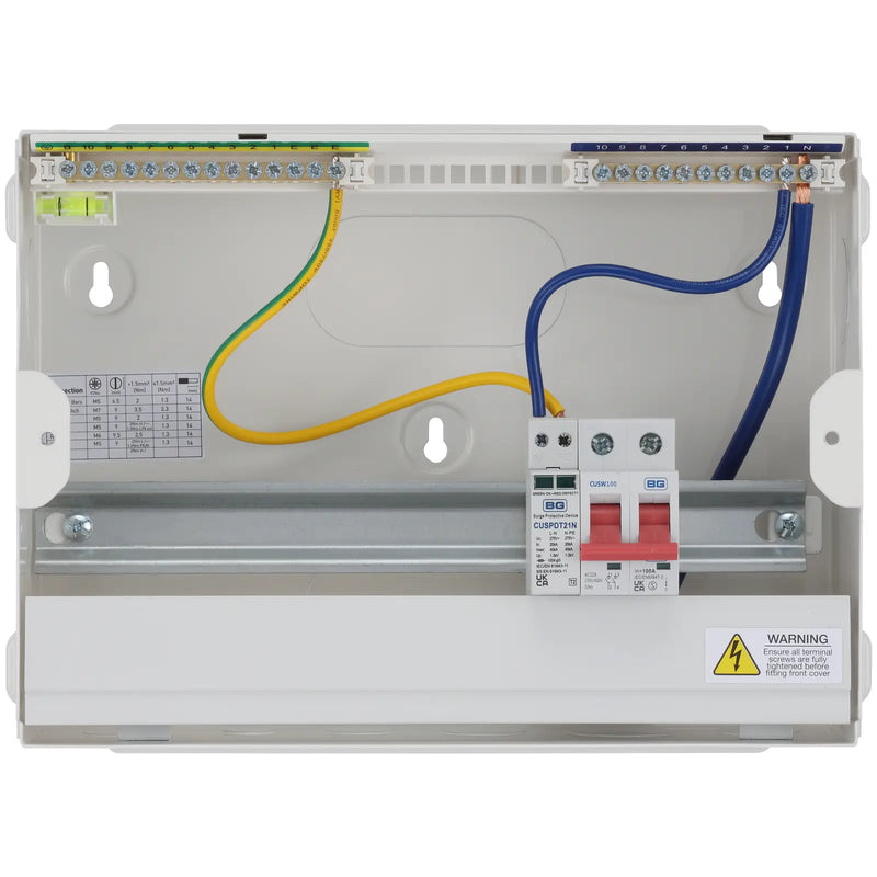 BG Circuit Protection Main Switch SPD - 12 module, 9 way, 100A Main Switch, Type 2 SPD