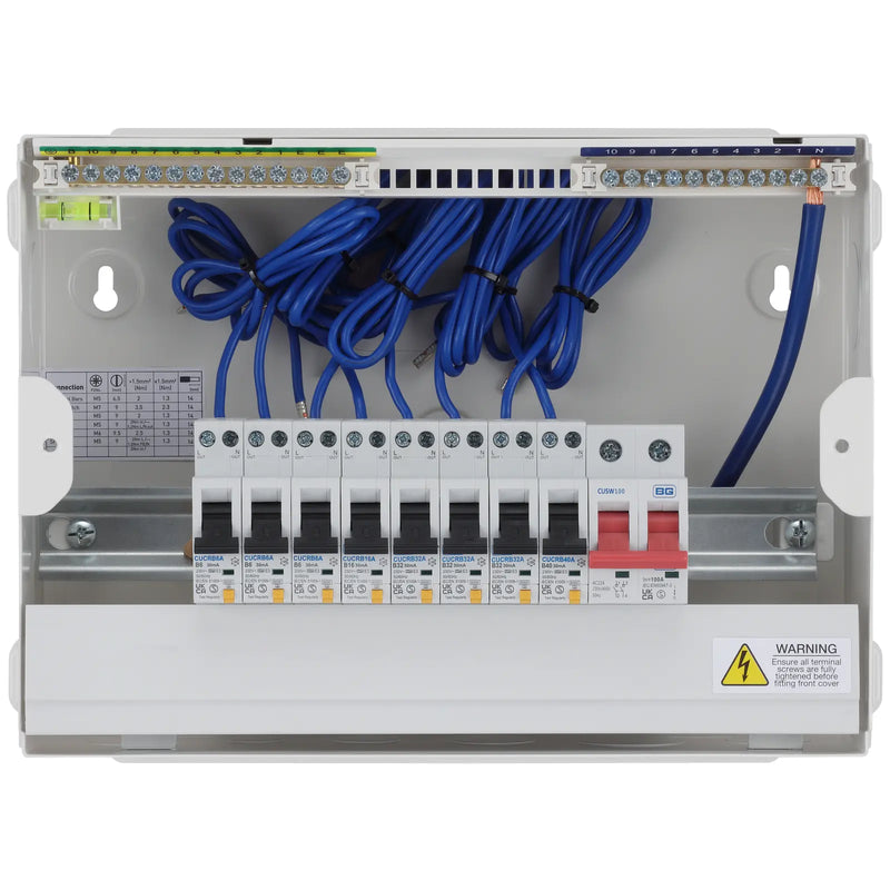 BG Circuit Protection RCBO Main Switch - 12 module, 10 way, 100A Main Switch, 8 RCBO's