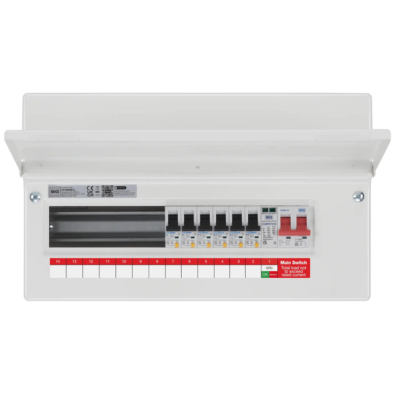 BG Circuit Protection RCBO Main Switch SPD - 16 module, 13 way, 100A Main Switch, 6 RCBO's, Type 2 SPD