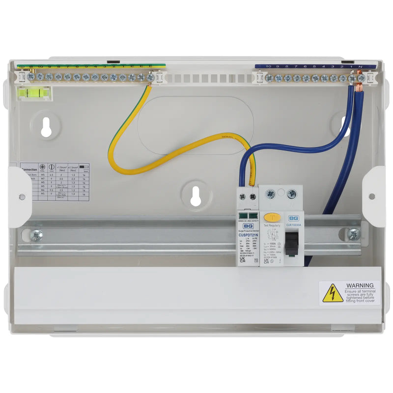BG Circuit Protection RCD Incomer - 12 module, 9 way, 100A Type A RCD, Type 2 SPD