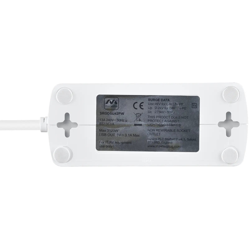 Masterplug High Gloss USB - 2 x USB A, 4 Sockets, 2m, 13A, Gloss White