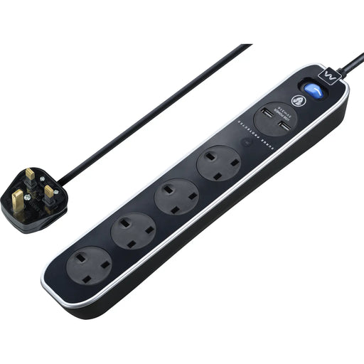 Masterplug High Gloss USB - 2 x USB A, 4 Sockets, 2m, 13A, Gloss Black