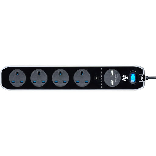 Masterplug High Gloss USB - 2 x USB A, 4 Sockets, 2m, 13A, Gloss Black