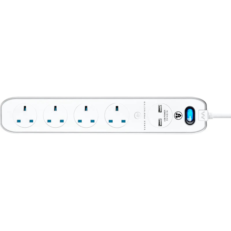 Masterplug High Gloss USB - 2 x USB A, 4 Sockets, 2m, 13A, Gloss White