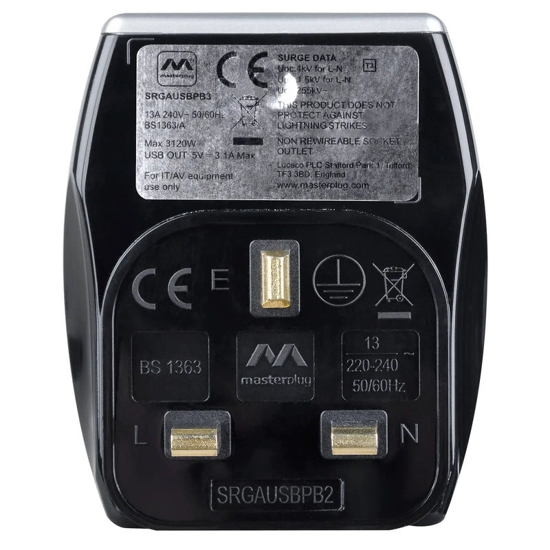 Masterplug High Gloss USB - 2 x USB A, 13A, Gloss Black