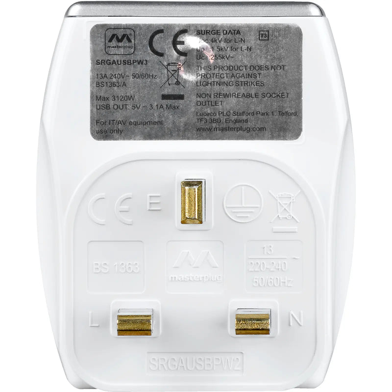 Masterplug High Gloss USB - 2 x USB A, 13A, Gloss White