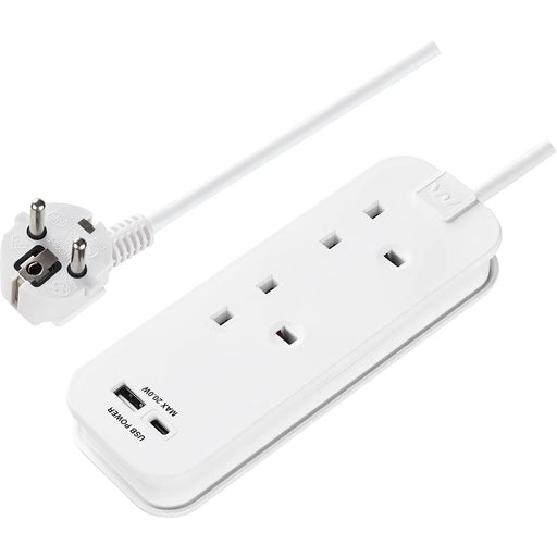 Masterplug Travel - 20W USB, 2 Socket Travel Extension Lead, 0.5m, 13A, White