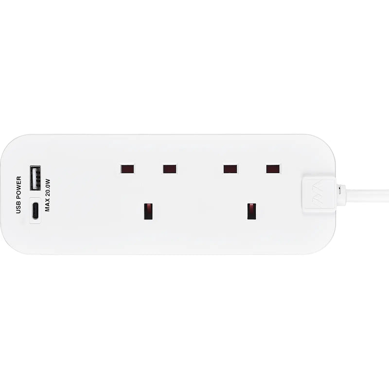 Masterplug Travel - 20W USB, 2 Socket Travel Extension Lead, 0.5m, 13A, White