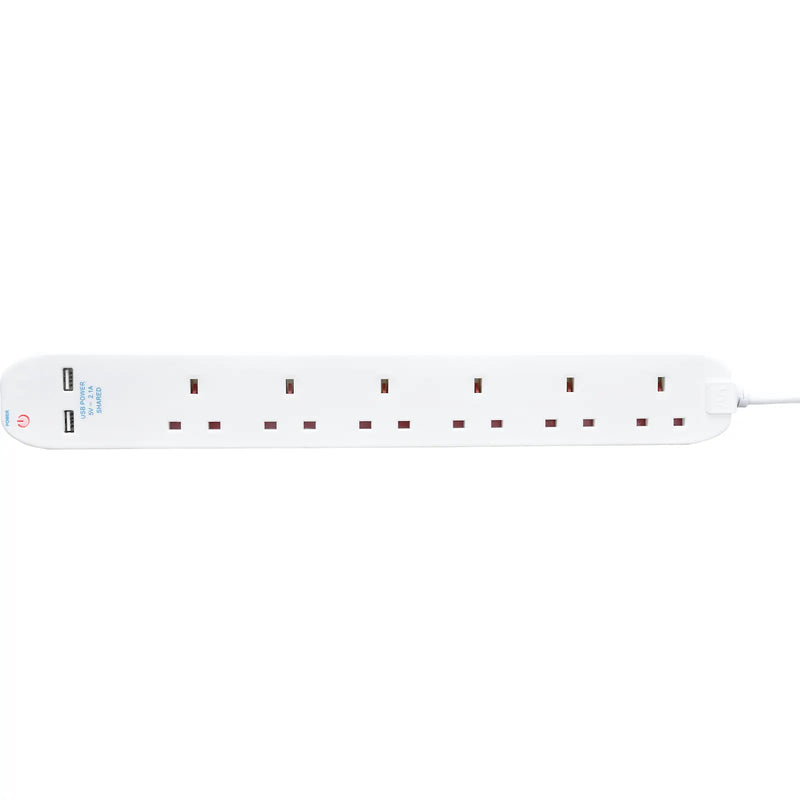 Masterplug USB - 2 x USB A, 6 Sockets, 1m, 13A, White
