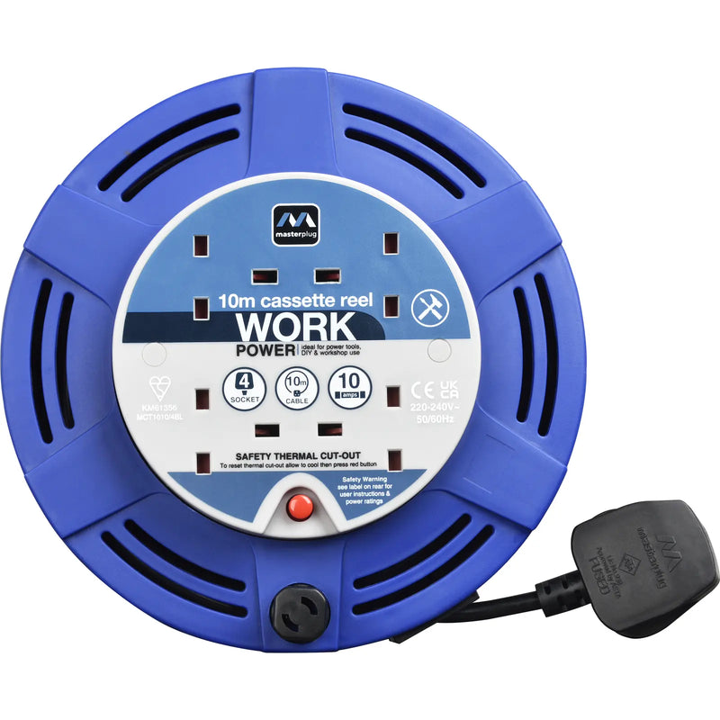 Masterplug Work - 10m, 4 Sockets, 10A, Blue