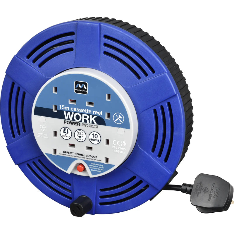 Masterplug Work - 15m, 4 Sockets, 10A, Blue