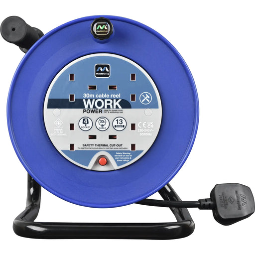 Masterplug Work - 30m, 4 Sockets, 13A, Blue