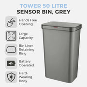 Tower 50L Rectangular Sensor Bin Grey