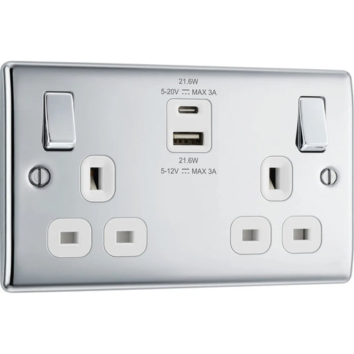 BG Electrical Nexus Metal Polished Chrome - Double switched single pole, with USB A + C (22W)