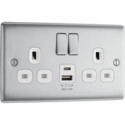 BG Electrical Nexus Metal Brushed Steel - Double switched single pole, with USB A + C (12W)