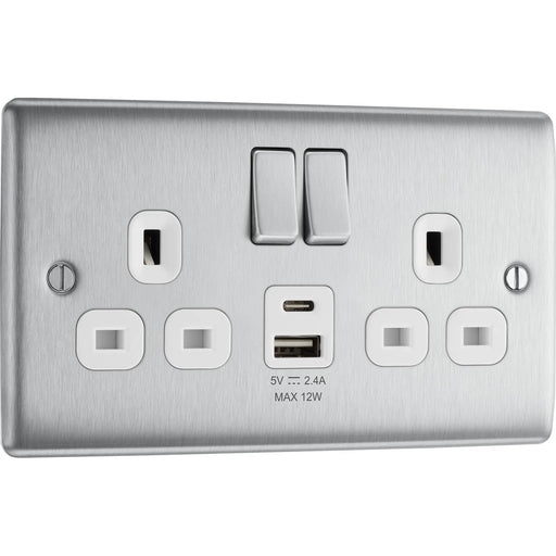 BG Electrical Nexus Metal Brushed Steel - Double switched single pole, with USB A + C (12W)