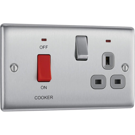 BG Electrical Nexus Metal Brushed Steel - 45A double pole, with switched socket and indicators