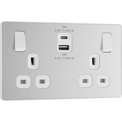 BG Electrical Evolve Brushed Steel - Double switched single pole, with USB A + C (45W)