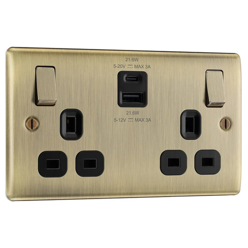 BG Electrical Nexus Metal Antique Brass - Double switched single pole, with USB A + C (22W)
