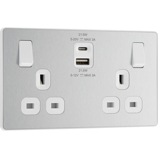 BG Electrical Evolve Brushed Steel - Double switched single pole, with USB A + C (22W)