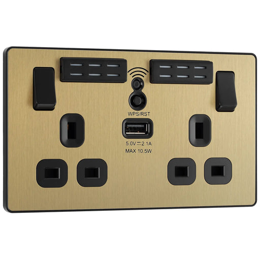 BG Electrical Evolve Satin Brass - Double, switched, single pole, WiFi Extender + USB A