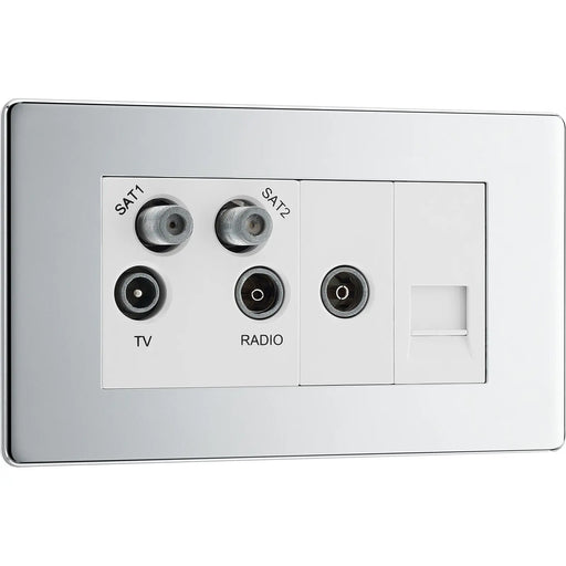 BG Electrical Flatplate Screwless Polished Chrome - Quadplex, 2 x sat, BT outlet and co-ax returned - screened