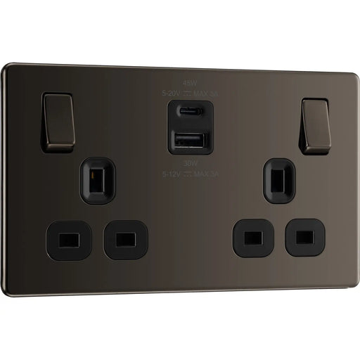 BG Electrical Flatplate Screwless Black Nickel - Double switched single pole, with USB A + C (45W)