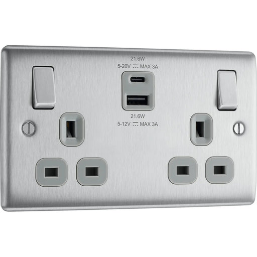 BG Electrical Nexus Metal Brushed Steel - Double switched single pole, with USB A + C (22W)