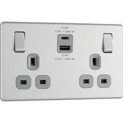 BG Electrical Flatplate Screwless Brushed Steel - Double switched single pole, with USB A + C (22W)