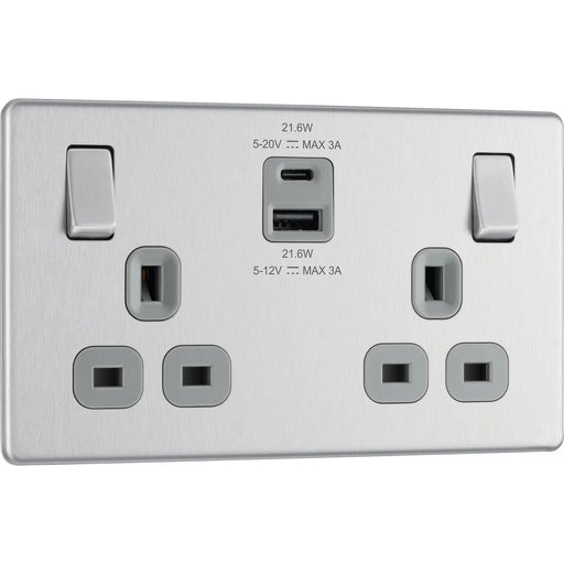BG Electrical Flatplate Screwless Brushed Steel - Double switched single pole, with USB A + C (22W)