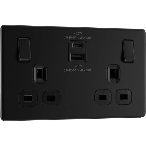 BG Electrical Flatplate Screwless Matt Black - Double switched single pole, with USB A + C (45W)
