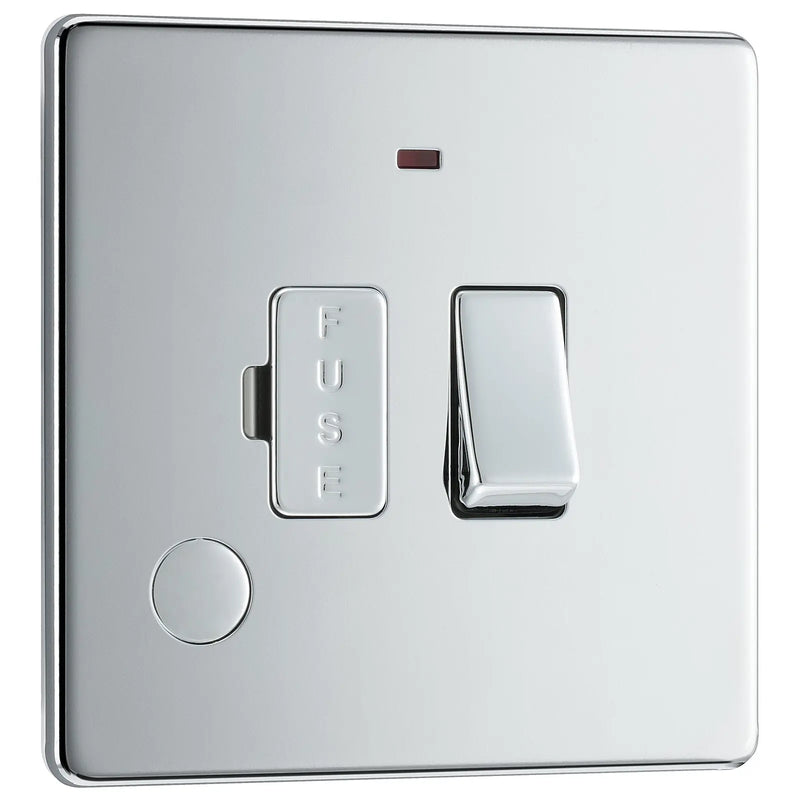 BG Electrical Flatplate Screwless Polished Chrome - Switched and fused with indicator and flex outlet
