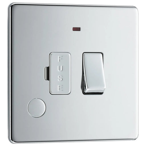 BG Electrical Flatplate Screwless Polished Chrome - Switched and fused with indicator and flex outlet