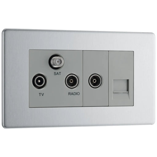 BG Electrical Flatplate Screwless Brushed Steel - Triplex with BT outlet and co-axial return - screened