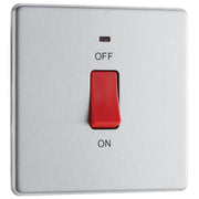 BG Electrical Flatplate Screwless Brushed Steel - 45A, double pole, single plate, with indicator