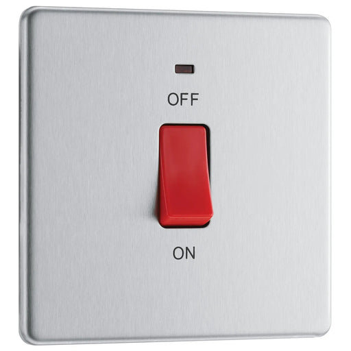 BG Electrical Flatplate Screwless Brushed Steel - 45A, double pole, single plate, with indicator