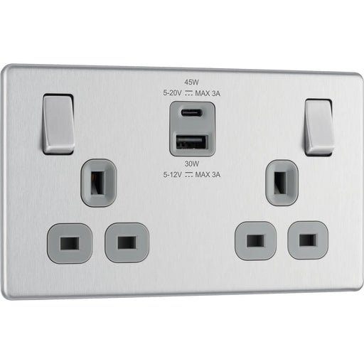 BG Electrical Flatplate Screwless Brushed Steel - Double switched single pole, with USB A + C (45W)