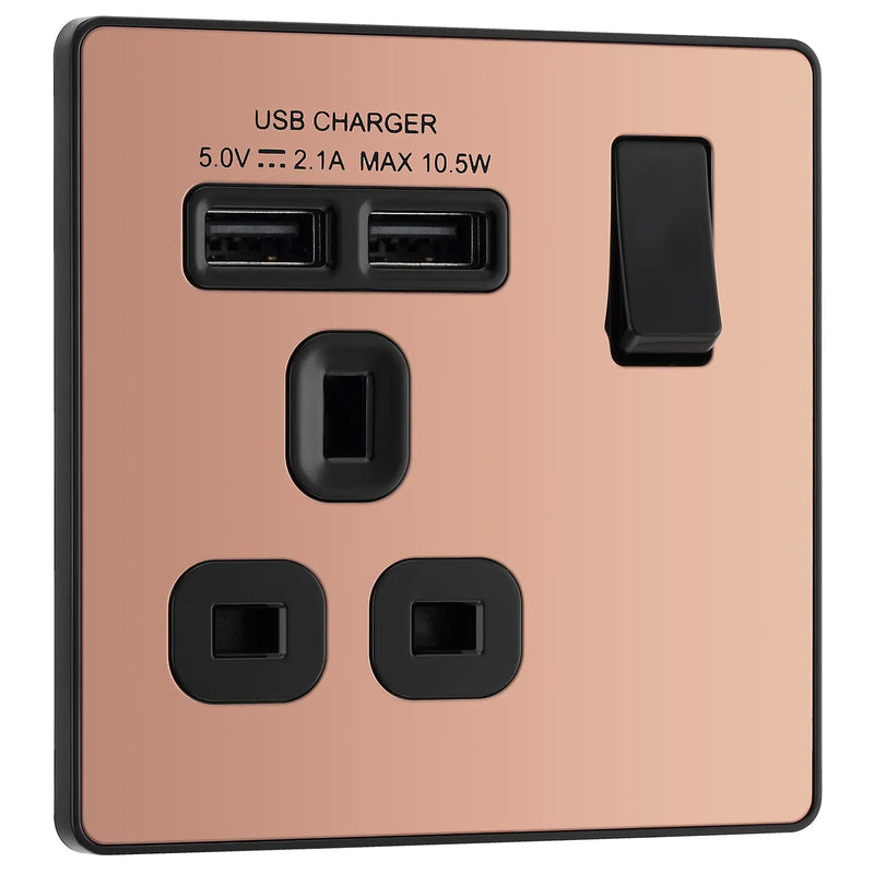 BG Electrical Evolve Polished Copper - Single, switched, single pole, with 2 x USB A