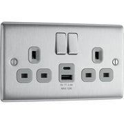 BG Electrical Nexus Metal Brushed Steel - Double switched single pole, with USB A + C (12W)