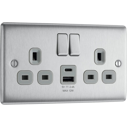BG Electrical Nexus Metal Brushed Steel - Double switched single pole, with USB A + C (12W)