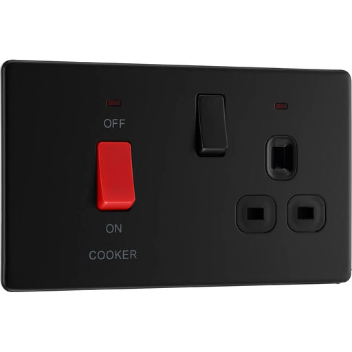 BG Electrical Flatplate Screwless Matt Black - 45A double pole, with switched socket and indicators