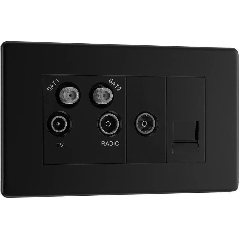 BG Electrical Flatplate Screwless Matt Black - Quadplex 2 x sat, BT outlet and co-ax returned - screened