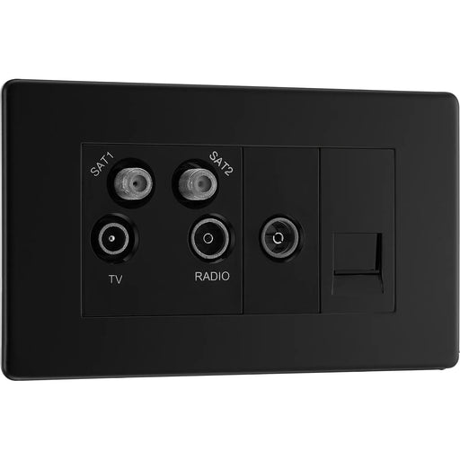 BG Electrical Flatplate Screwless Matt Black - Quadplex 2 x sat, BT outlet and co-ax returned - screened