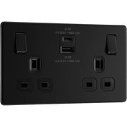 BG Electrical Flatplate Screwless Matt Black - Double switched single pole, with USB A + C (22W)