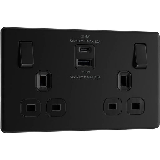 BG Electrical Flatplate Screwless Matt Black - Double switched single pole, with USB A + C (22W)