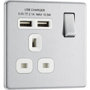 BG Electrical Flatplate Screwless Brushed Steel - Single switched, single pole, with 2 x USB A