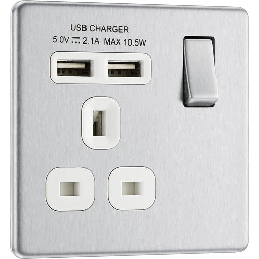 BG Electrical Flatplate Screwless Brushed Steel - Single switched, single pole, with 2 x USB A