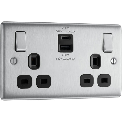 BG Electrical Nexus Metal Brushed Steel - Double switched single pole, with USB A + C (22W)